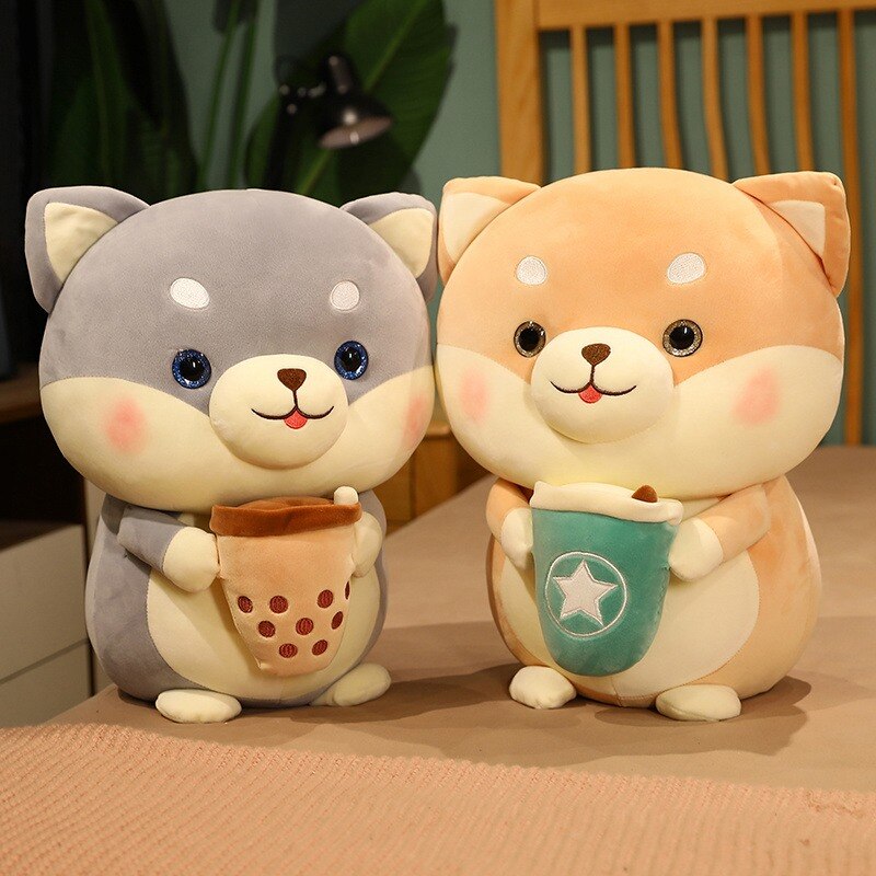 Kawaii Shiba Inu Holding Milk Tea Plush Toy Soft Stuffed Cartoon Animal Dog Doll Sleeping Pillow 1