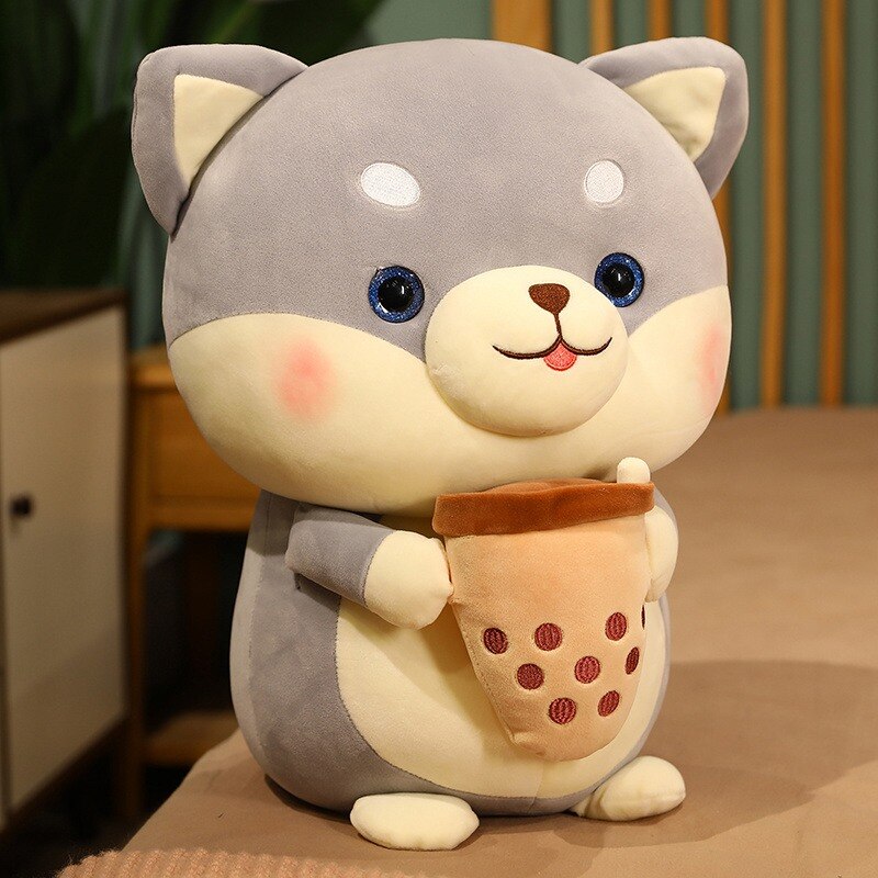 Kawaii Shiba Inu Holding Milk Tea Plush Toy Soft Stuffed Cartoon Animal Dog Doll Sleeping Pillow 5
